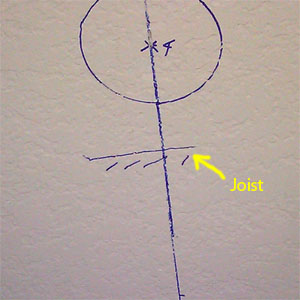 Joist location marked on ceiling